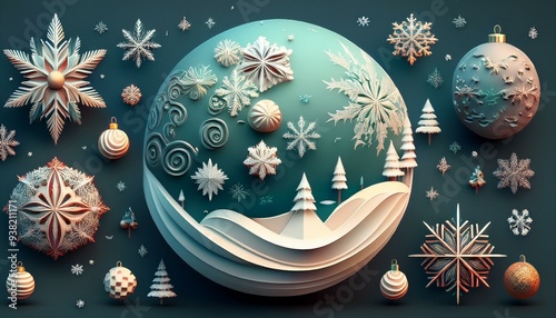 3D Christmas elements set with a snowy planet and snowflakes holiday event beauty art wallpaper photo