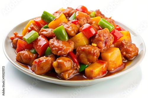 A plate of sweet and sour chicken with pineapple, bell peppers, and a savory sauce. This dish represents Chinese cuisine, sweet and sour flavors, and a healthy and satisfying meal.