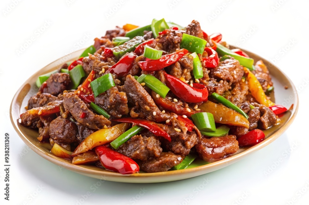 A plate of Chinese stir-fry with beef, red and yellow bell peppers, green onions, and chili peppers. This dish is perfect for a quick and easy meal or for a spicy appetizer. A plate of Chinese stir-fry with beef, red and yellow bell peppers, green onions, and chili peppers. This dish is perfect for a quick and easy meal or for a spicy appetizer.