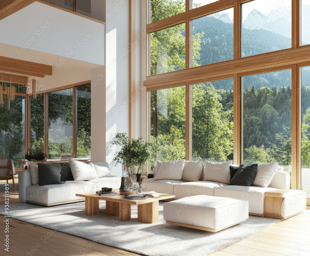 Modern Living Room with Wooden Accents and Large Windows, 3D Rendering Modern Living Room with Wooden Accents and Large Windows, 3D Rendering