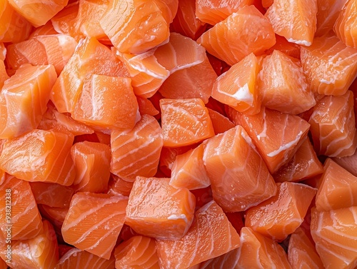 Overhead View of Fresh Diced Salmon, Pink Salmon Cubes Ideal for Sushi, Sashimi, and Seafood Dishes, Raw Fish Fillet Perfect for Gourmet Preparation and Healthy Cooking