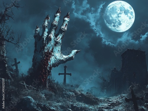 Graveyard Gloom A monstrous hand reaches from the earth illuminated by the full moon casting long shadows on a misty graveyard path
