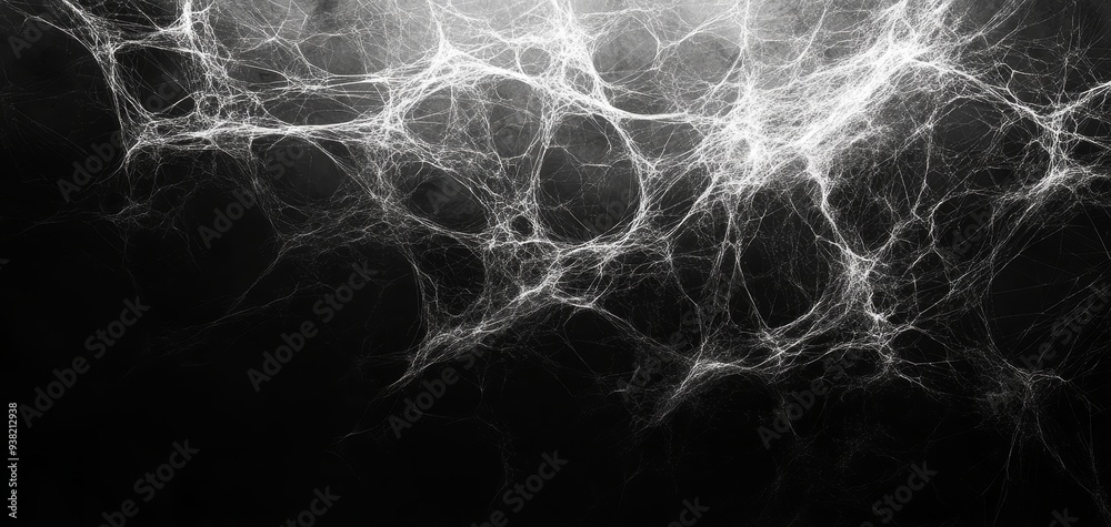 Fototapeta premium Intricate White Spiderweb on Black Background A Macro Perspective of Natures Delicate Trap