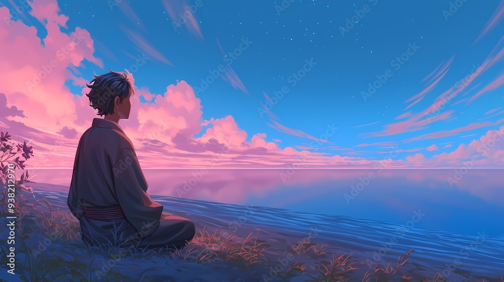 Young Asian male in traditional attire gazes at a serene sunset by the water. Young Asian male in traditional attire gazes at a serene sunset by the water.