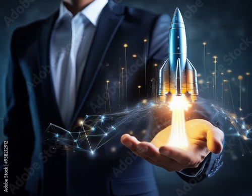 Launching into the Future A businessman ignites digital innovation, holding a holographic rocket poised for takeoff, symbolizing startup ventures, technological advancement, and the pursuit of ambiti photo