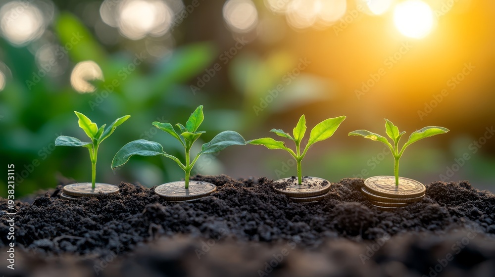 LowAngle View of Four Saplings Growing on Coins in Rich Soil with Sunlight Filtering Through Trees in the Background LowAngle View of Four Saplings Growing on Coins in Rich Soil with Sunlight Filtering Through Trees in the Background