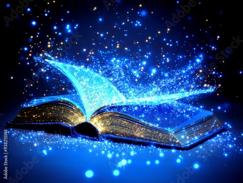 Magic Unleashed A Golden Book Emits Blue Stardust Low Angle View Glowing Pages Blurred Lights photo