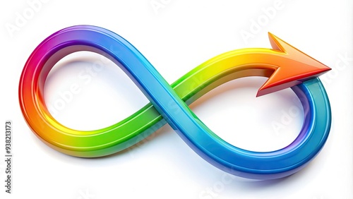 Colorful looping arrow symbolizing growth, progress, and innovation, forming a continuous cycle on a white background, conveying dynamic movement and forward thinking. photo