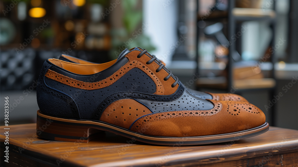 Stylish multicolored brogue shoe displayed on wooden surface in elegant interior. Concept of fashion, craftsmanship, and luxury footwear. Stylish multicolored brogue shoe displayed on wooden surface in elegant interior. Concept of fashion, craftsmanship, and luxury footwear.