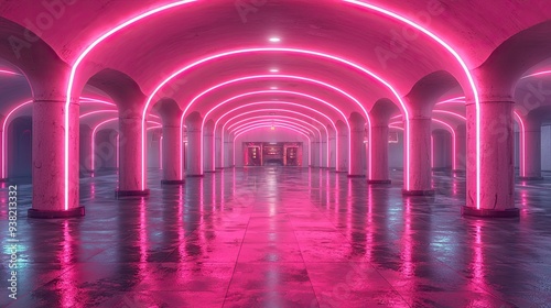 This is a retro-futuristic sci-fi hangar garage scene with neon lights, neon lasers, a glowing tunnel corridor with columns, and a concrete floor with metal columns in the background.