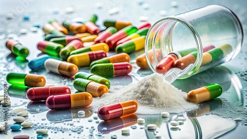 Colorful medicinal capsules and powder spilled on a white surface, with a small scoop and a glass vial, surrounded by subtle water droplets. photo