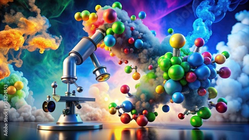 Colorful microscope image of hazardous VOC molecules in the air, illustrating pollution and environmental health risks from industrial and household chemical emissions. photo