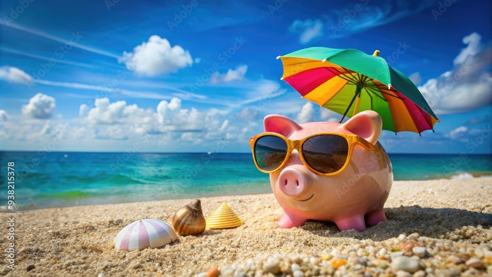 Colorful piggy bank lying on a tropical beach with sunglasses and a ...