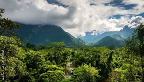 Lush Tropical Jungle Landscape with Majestic Mountains in the Congo Basin Region