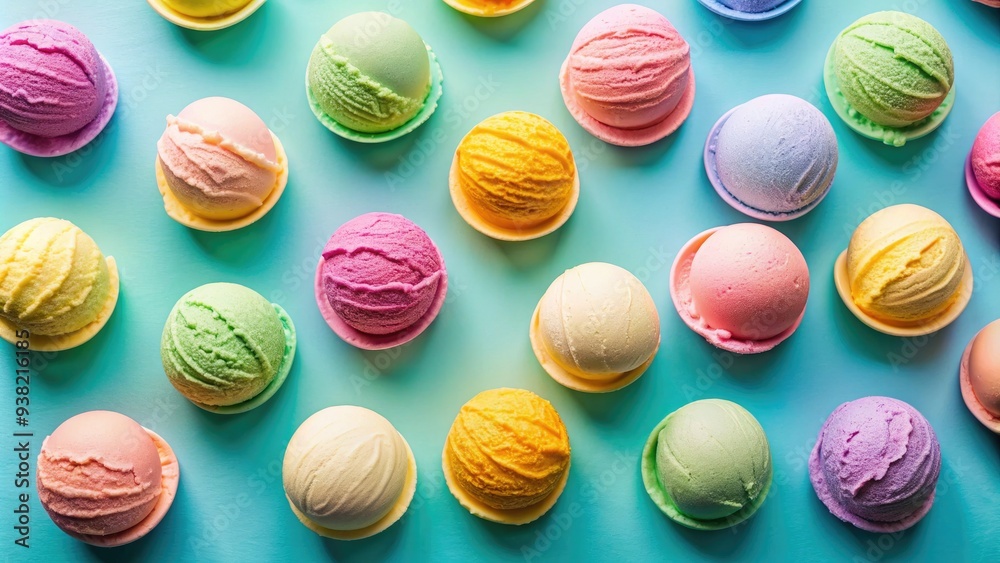 Colorful scoops of ice cream balls arranged on a pastel-colored background, creating a sweet and playful visual treat perfect for summer and dessert-themed designs. Colorful scoops of ice cream balls arranged on a pastel-colored background, creating a sweet and playful visual treat perfect for summer and dessert-themed designs.
