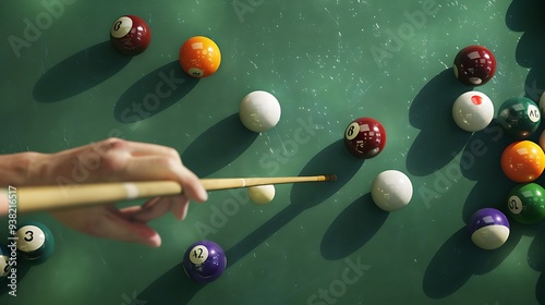 placing snooker cue and pool balls for pocket from top view