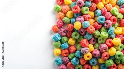 Colorful, Sugar-Coated Cereal Pieces Arranged On A White Background With Copy Space photo