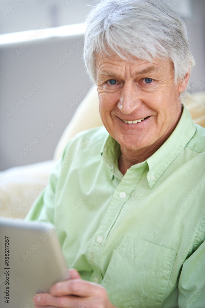 Tablet, happy and portrait of elderly man in home for social media, website and online entertainment. Retirement, relax and senior person on digital tech for internet, news and contact in living room Tablet, happy and portrait of elderly man in home for social media, website and online entertainment. Retirement, relax and senior person on digital tech for internet, news and contact in living room