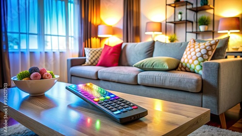 Colorful TV remote control with a glowing screen and prominent navigation buttons situated on a modern living room coffee table surrounded by cozy pillows. photo