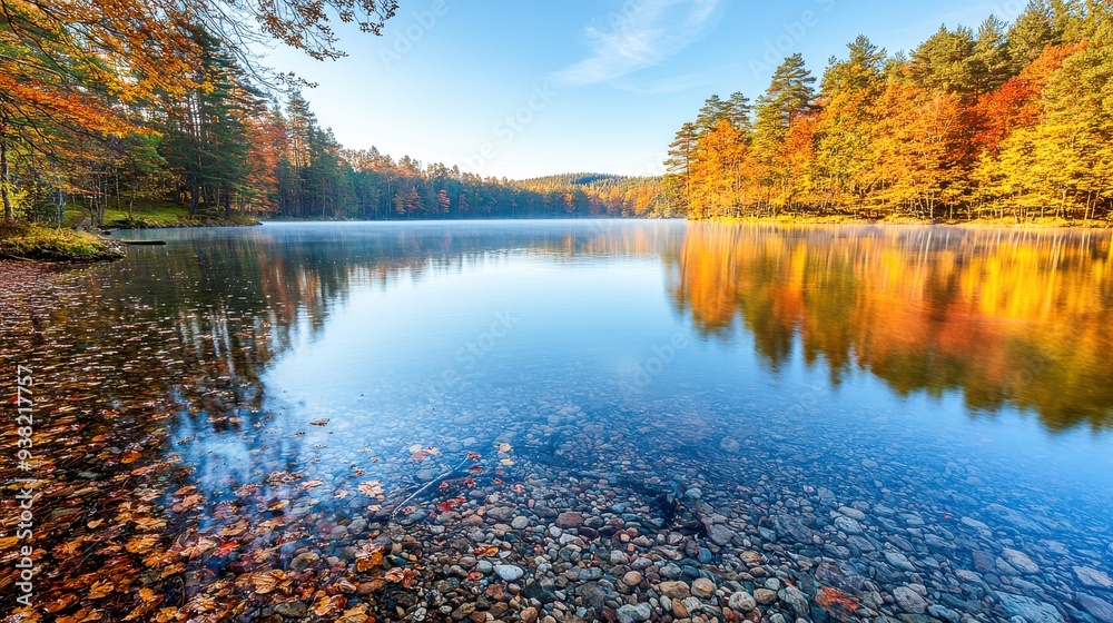 Obraz premium A scenic fall landscape showcases vibrant trees, clear water, and clean air, free from pollution. The serene scene emphasizes the importance of preserving natural beauty and protecting the environment