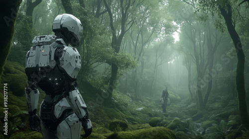 Futuristic Robot Exploring a Misty Forest, Seamlessly Blending Advanced Technology with the Serenity of Nature, Offering a Vision of How Innovation Can Harmonize with the Environment
