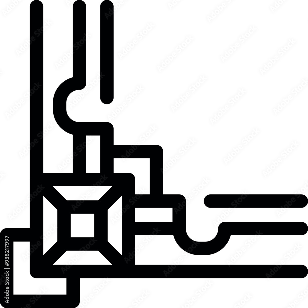 Simple bold outline icon representing a drainage system with pipes and a grate removing water Simple bold outline icon representing a drainage system with pipes and a grate removing water