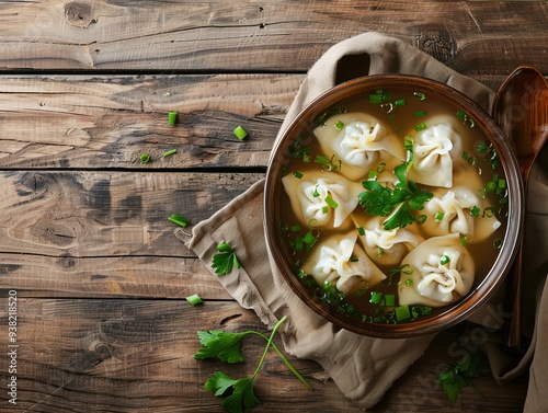 Wonton Soup. The most popular Chinese dishes. A clear broth soup with wontons, which are dumplings filled with meat or seafood.