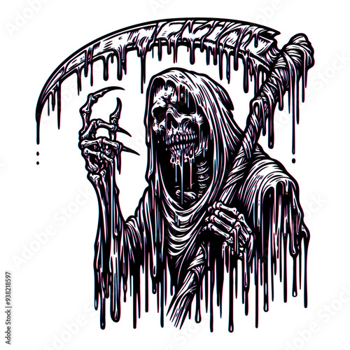 Line art illustration of terrifying Grim Reaper with melting, dripping scythe. Bold black Reaper logo. 3D glass effect. Detailed surreal horror artwork for tattoos. Halloween digital vector art