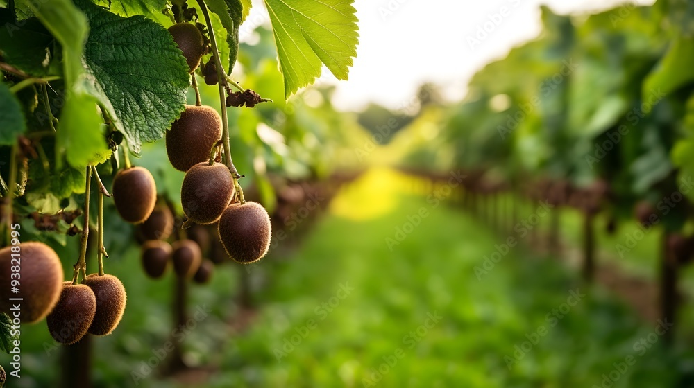 Obraz premium A photograph of a lush verdant kiwi berry field with kiwi berries hanging in abundance from the vines showcasing the bountiful harvest and natural beauty of this picturesque agricultural setting