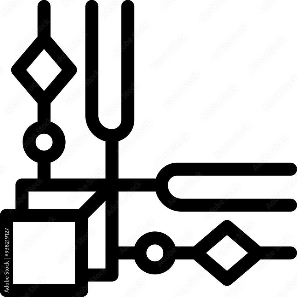 Illustration depicting a quantum physics experiment with vibrating tuning forks, a cube, circles, and diamond shapes