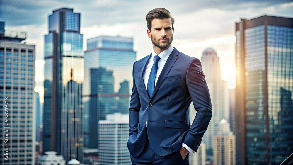 Confident business professional in a perfectly tailored suit stands in front of a cityscape background, exuding success and a strong sense of career fulfillment. Confident business professional in a perfectly tailored suit stands in front of a cityscape background, exuding success and a strong sense of career fulfillment.