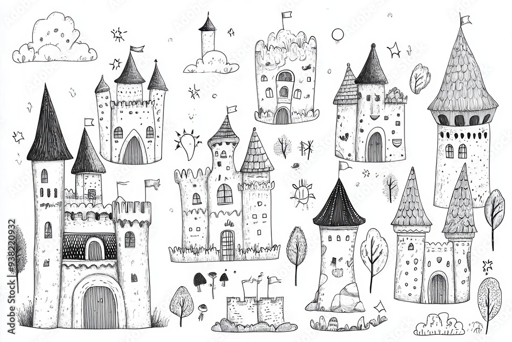 Fototapeta premium Hand drawn doodle set of cute cartoon fairytale castles.