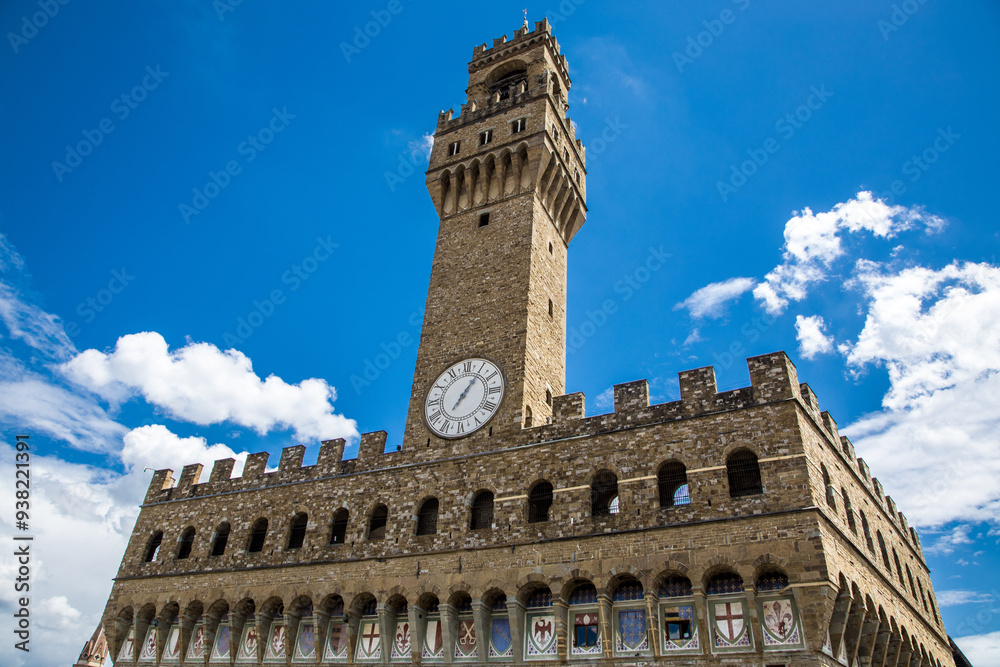 Obraz premium Wieża starego pałacu o nazwie Palazzo Vecchio, Florencja, Toskania, Włochy