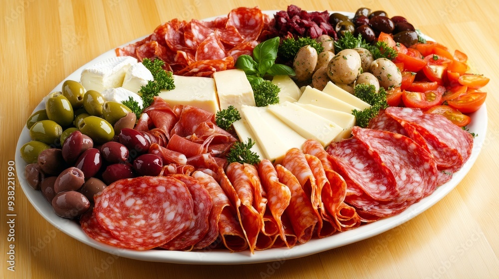 An appetizing Italian antipasto platter with a mix of cured meats, cheeses, olives, marinated vegetables, and herbs An appetizing Italian antipasto platter with a mix of cured meats, cheeses, olives, marinated vegetables, and herbs