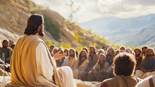 A serene portrayal of Jesus delivering the Sermon on the Mount, surrounded by a diverse, attentive crowd on a hilltop. 