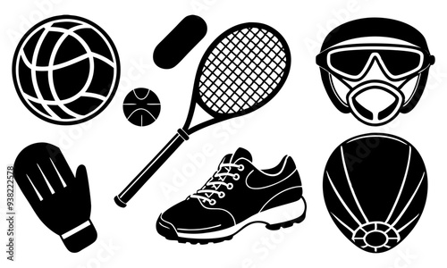 Download Sports Icon Set: Soccer Ball, Basketball, Tennis Racket, Baseball Glove, Golf Club, Swimming Goggles, Ski - Vector Silhouette Illustration Svg File For Design.