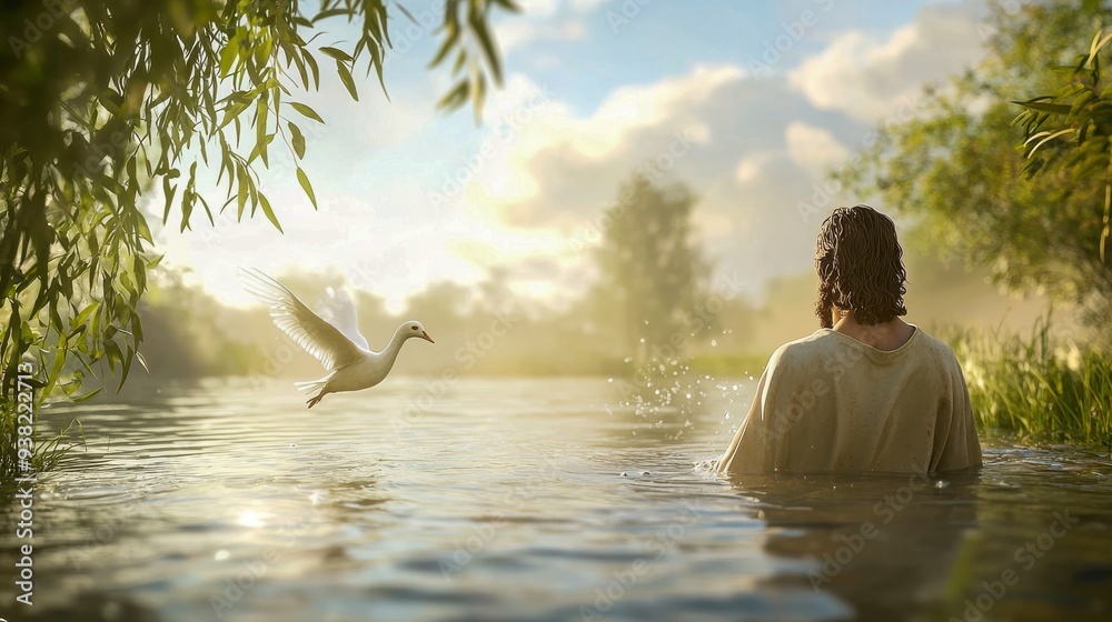 A serene depiction of Jesus’ Baptism by John the Baptist in the Jordan ...
