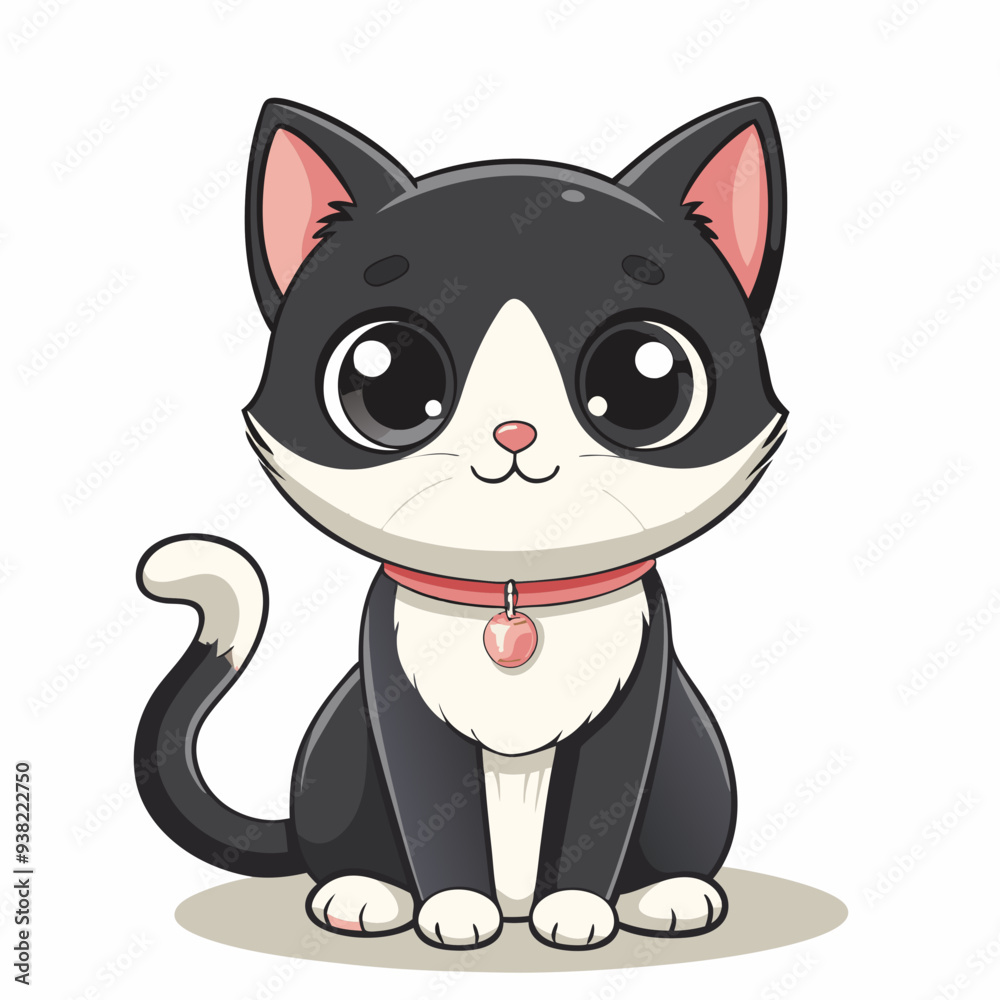 Obraz premium Adorable cartoon tuxedo cat with a pretty pink collar sitting and gazing ahead with large, captivating eyes, a charming and lively illustration