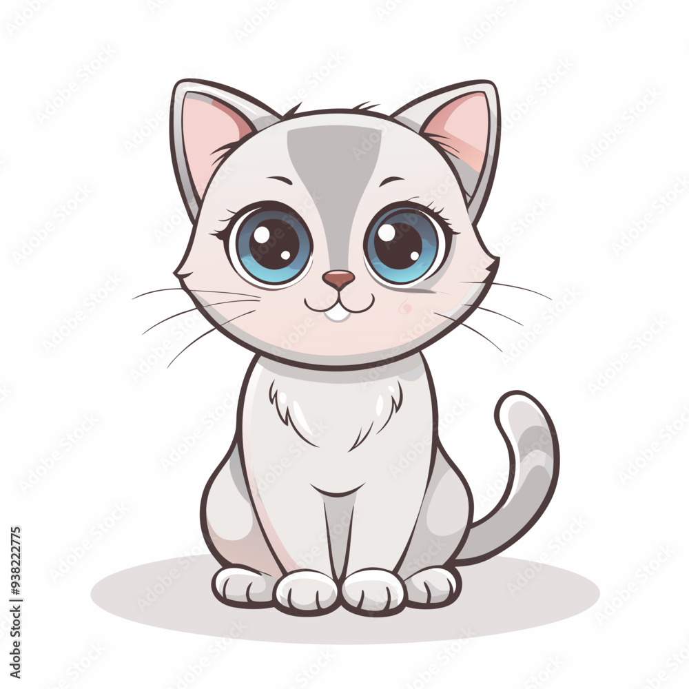 Cartoon illustration of a grey tabby kitten with big blue eyes sitting and smiling Cartoon illustration of a grey tabby kitten with big blue eyes sitting and smiling