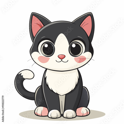 Cute cartoon tuxedo cat with big, inquisitive eyes sitting and gazing ahead, sporting a black and white fur and pink nose