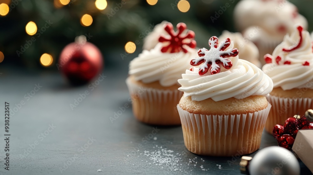 Festive mini cupcakes with holiday designs, surrounded by twinkling lights and ornaments. Festive mini cupcakes with holiday designs, surrounded by twinkling lights and ornaments.