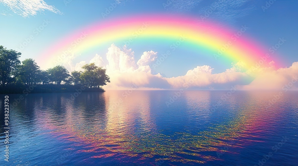 Uplifting rainbow spanning a peaceful landscape perfect for designing colorful and serene wallpaper imagery Uplifting rainbow spanning a peaceful landscape perfect for designing colorful and serene wallpaper imagery