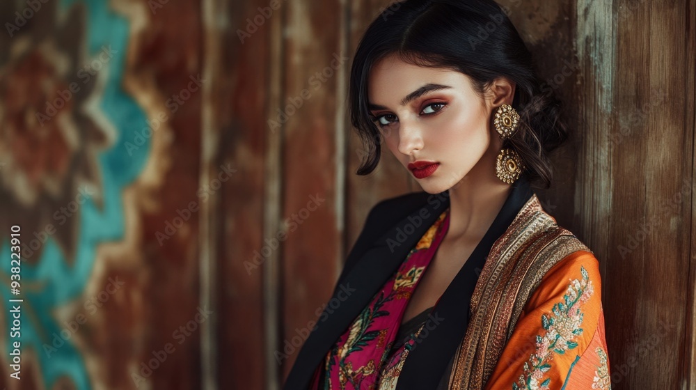 Model in a fusion of traditional Indian sari with a modern blazer, merging vibrant patterns and contemporary silhouettes in a striking cultural blend Model in a fusion of traditional Indian sari with a modern blazer, merging vibrant patterns and contemporary silhouettes in a striking cultural blend