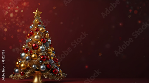 Christmas tree with golden and silver lights on a red background. generative ai