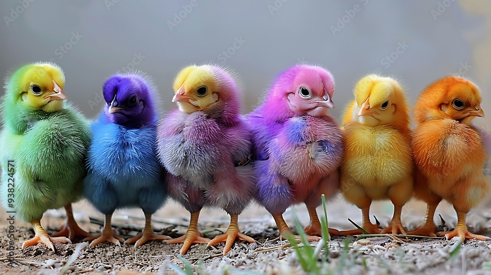 Naklejka premium Rainbow chicks multi colored young chickens