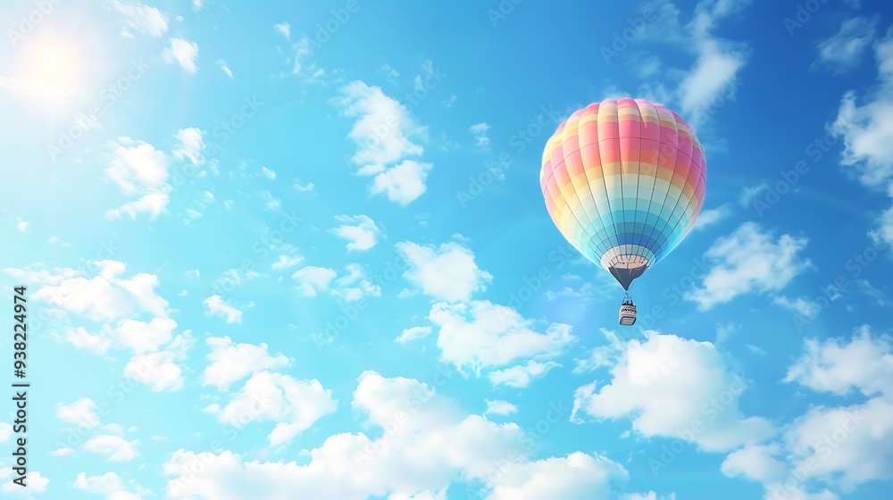 Fototapeta premium Rainbow colored hot air balloon in the blue sky