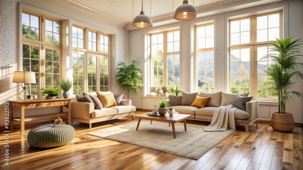 Cozy interior background with creamy walls, wooden floors, and soft natural light pouring through large windows, perfect for home decor and lifestyle imagery. Cozy interior background with creamy walls, wooden floors, and soft natural light pouring through large windows, perfect for home decor and lifestyle imagery.