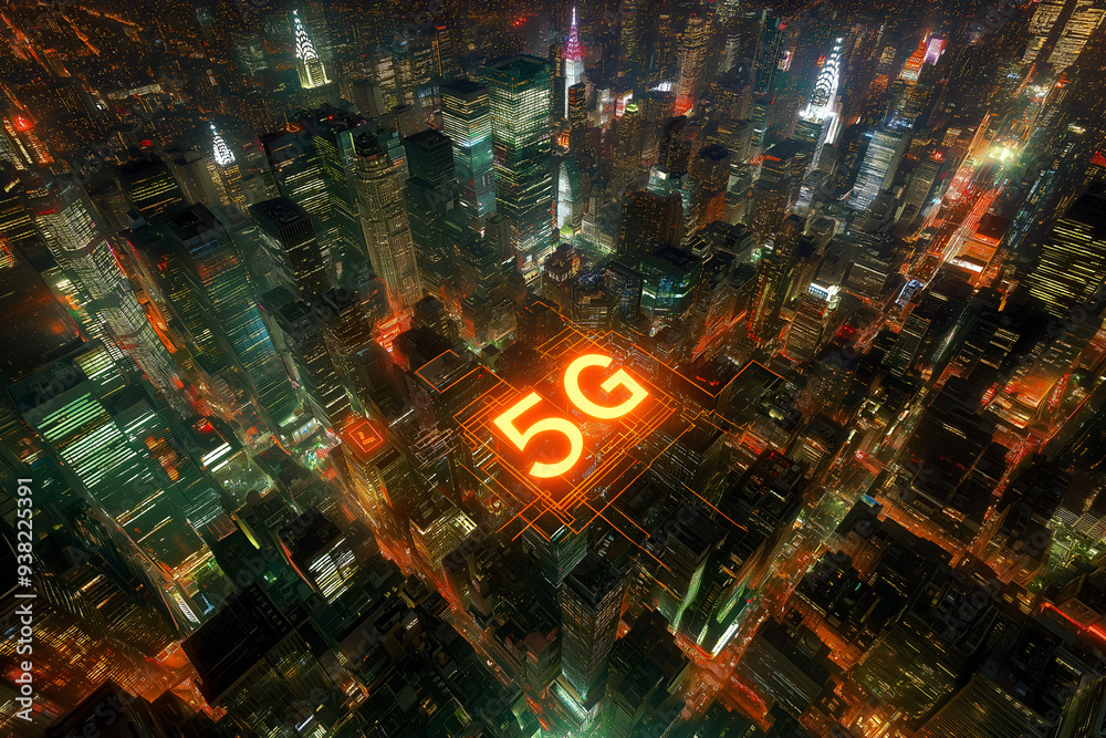 Aerial view of cityscape showcasing the power and connectivity of 5G technology.