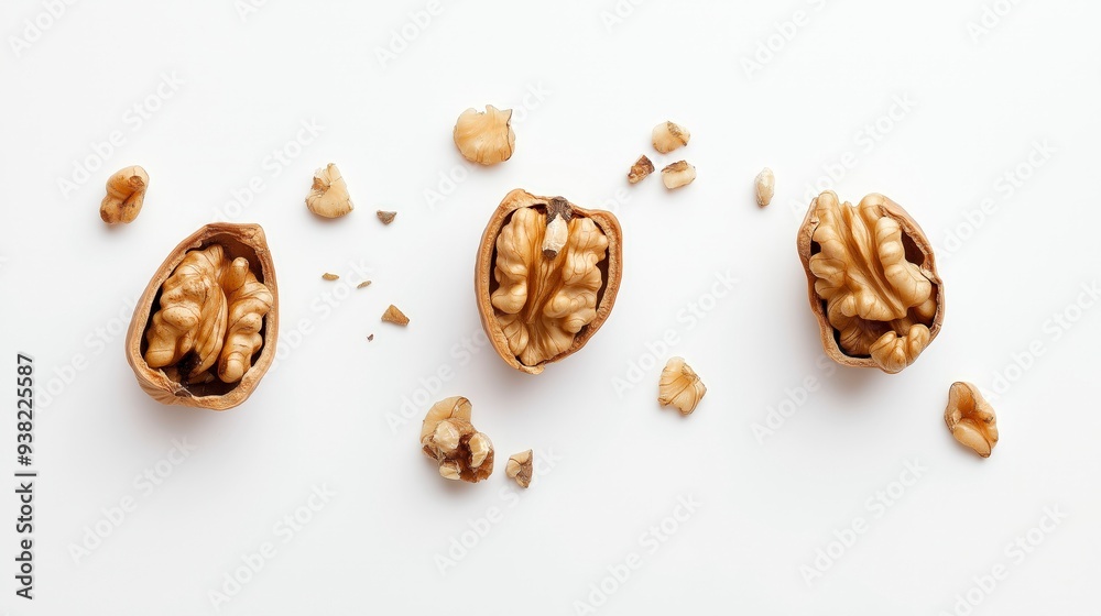 Three walnut halves with broken pieces and scattered on a white background. Three walnut halves with broken pieces and scattered on a white background.