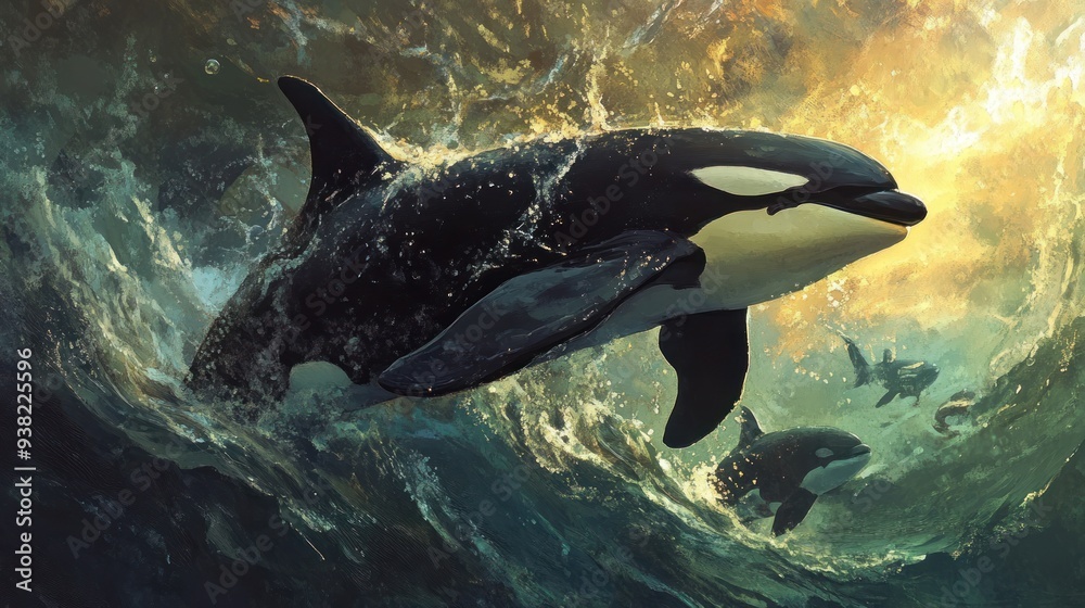 Obraz premium Orcas Leaping Through Waves
